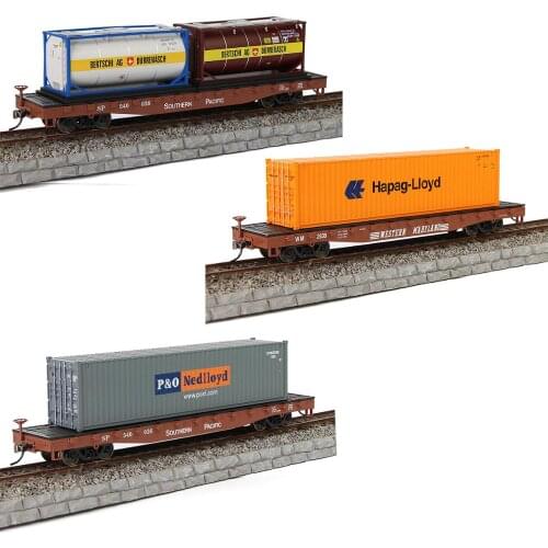 C8741 Model Railway Layout HO Scale 1:87 52ft Flat Car with 40' 20' Shipping Container Oil Tanks Lot