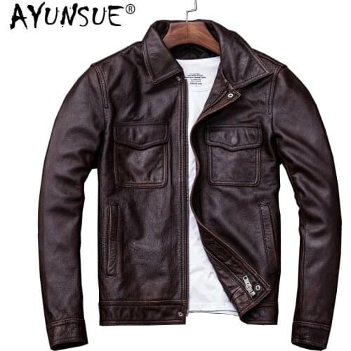 AYUNSUE Genuine Cow Leather Jacket Men Plus Size Cowhide Leather Coat Short Bomber Jacket Veste Cuir Homme Vintage KJ1913