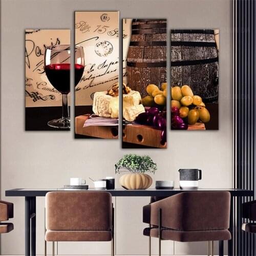 Kitchen Wall Art Decor Picture Painting with Wine Glass Barrel Grapes and Cheese Still Life Kitchen Decoration Theme canvas Post