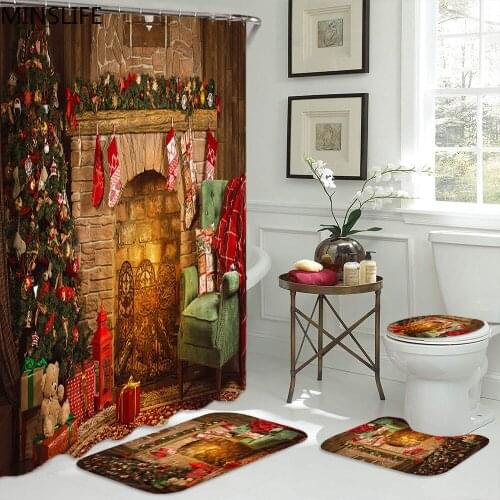 Xmas Eve Fireplace Gifts Holiday Bathroom Decoration Christmas Shower Curtains Bath Mat Set Toilet Cover Mat Non-Slip Bath Rug