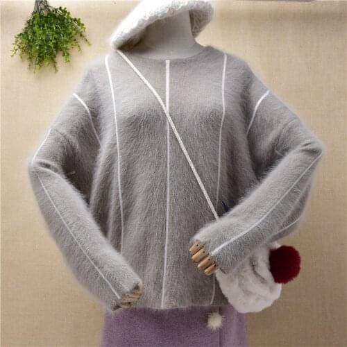 Ladies women fashion hairy winter thick warm striped mink cashmere knitwear loose pullover angora fur jumper sweater pull tops