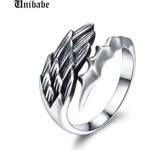 Pure Silver Sterling 925 Silver Retro Angel Wing Opening Adjustable S925 Ring (HY)