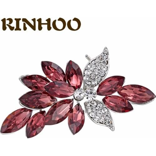 RINHOO Full Crystal Leaf Brooches Women Red Charm Rhinestone Leaf Flower Casual Office Brooch Pins Nature Plant Brooch Gifts