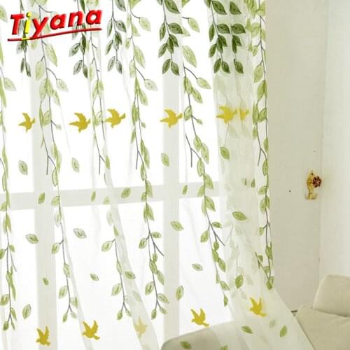 Green Embroidered Bird Tulle Curtains for Living Room Green Sheer Curtain Embroidery Tree Yarn Window Tulle Kitchen X-WP272 *40