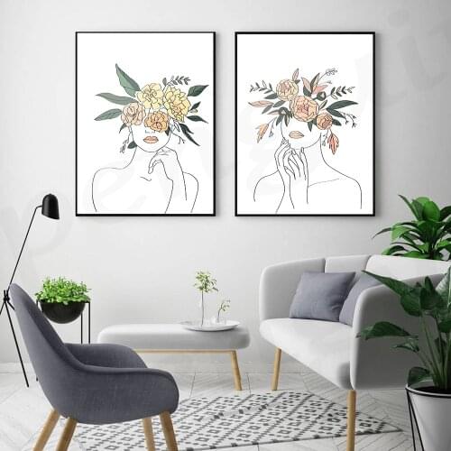 Line Woman with Colorful Flower Hat Wall Art Canvas Prints Poster Nordic Canvas Painting for Living Room Decor