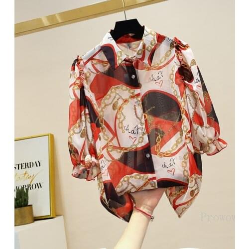 Thin Mid-sleeve Shirts Women Chain Printed Chiffon Shirt 2021 Summer Woman Tops Turn-down Collar Button Up Shirts Ladies Tops