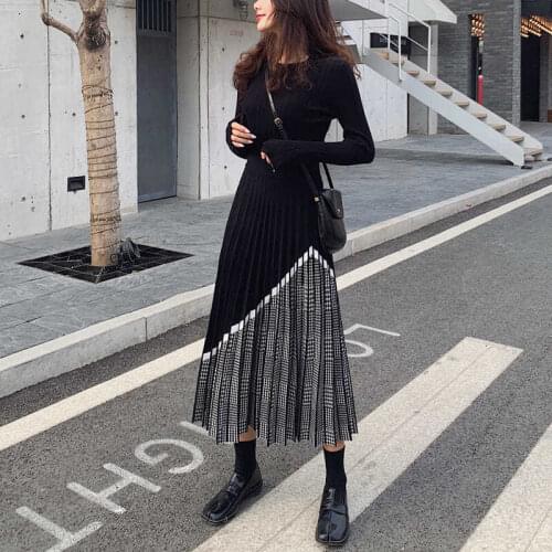 Women 2020 Autumn Winter Fashion Elegant Vintage Skirts Female Patchwork Knitting Pleated Skirts Ladies High Waist Skirts J30