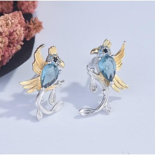 MENGYI Fashion Two-Color Earrings Charming Birds Golden Stud Earrings Inlaid Blue Zircon Womens High Grade Jewelry Gift