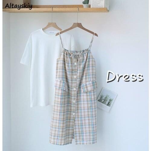 Dresses Women Summer Harajuku Korean Style Spaghetti Strap Plaid Lovely Dress Single Breasted Womens Loose Leisure Fashion New