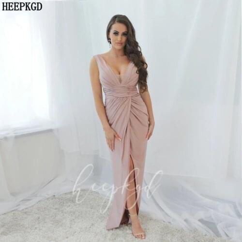 Sexy Dusty Pink Evening Dress V Neck Backless Sheath Style Long Prom Gowns Plus Size Wedding Party Dresses Robe De Soiree