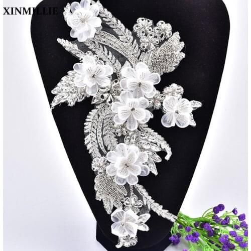 High Quality 1 Pair Glass Clear Crystal Rhinestone Lace Sewing Beaded Flower Applique Fabric Clothes Wedding Dress Decoration