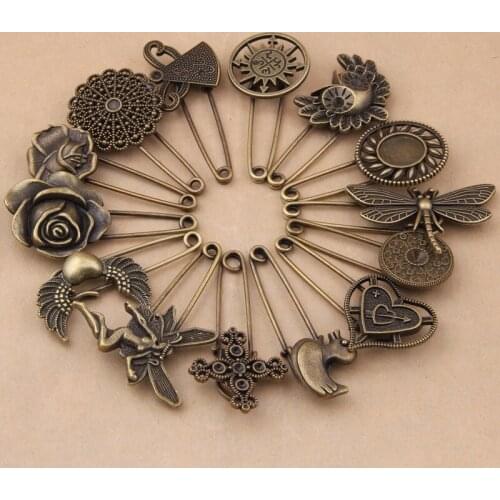 4pcs/lot Bronze Plated Flower,Owl,Bird ,Heart,StarJewelry findings Safety Pin Hot Selling