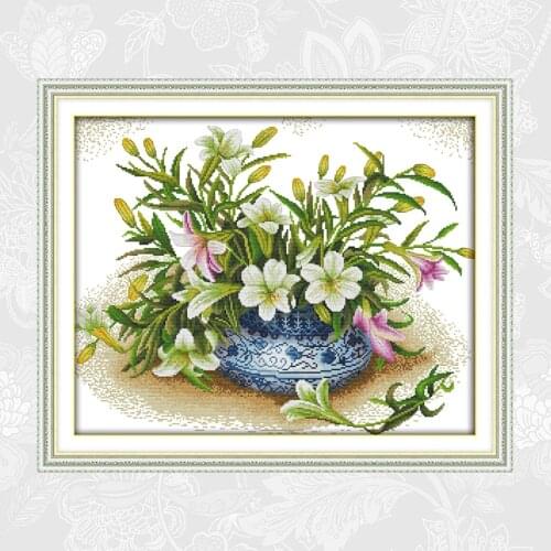 Fragrant lilies DIY Handmade Counted Cross-stitch Needlework Chinses Cross Stitch Set For Embroidery Printed On Canvas