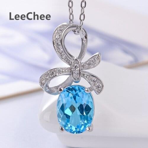 LeeChee Blue Topaz pendant real 925 Solid Sterling Silver fine jewelry gemstone necklace for women birthday gift free ship