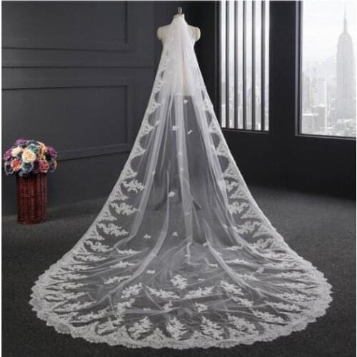 Wedding Cathedral Veil One Tier Lace Applique Edge Bridal Veil White/Ivory Long Bride Veils+Comb