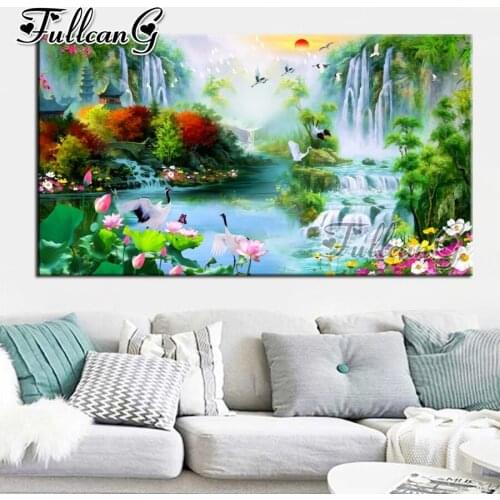 FULLCANG Spring scenery waterfall large 5d diamond painting diy full square round drill mosaic embroidery sale decor FC2633