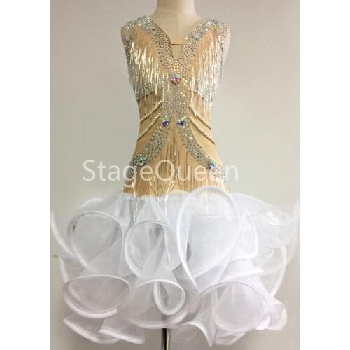 Custom Latin Dance Dress Women Competition Performance Costumes Fringed Skirt Shiny Sexy Rhinestones Latin Dancewear For Girls