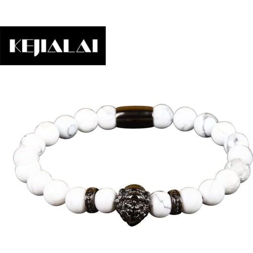 KEJIALAI Fashion Men Jewelry Lion Head Charm Bracelet Gold Rose Gold Color Natural Stone Beads Best Birthday Gift