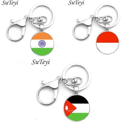 Classic India and Indonesia and Jordan Flag Men Car KeyRing Jewelry Round Glass Key Chain Women Handbag Art Keychain Accessories