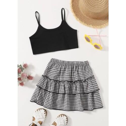 FOCUSNORM 2-7Y Summer Infant Kids Girls Clothes Sets 2pcs Solid Strap Sleeveless Vest Tops Plaid A-Line Skirts