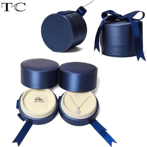 Blue Color Leather Jewelry Box with Ribbon Pendant Box Ring Box Jewellry Store Gift Packaging Container Gift Box