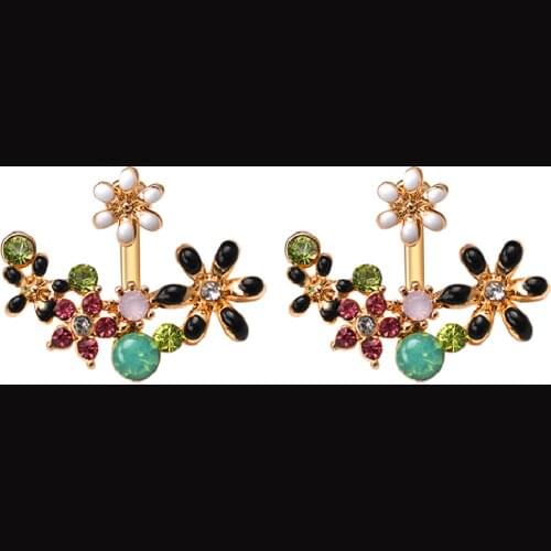 Fancy Colorful Crystal Flowers Golden Stud Earrings for Women 2 Kinds
