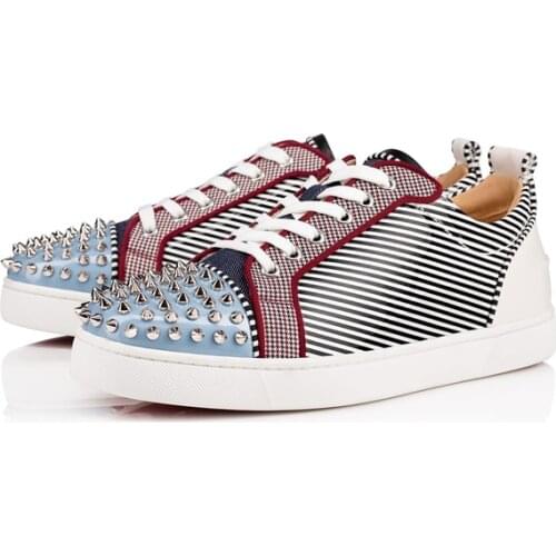 Fashion Trendy Rivet Spikes Toe Lace Up Casual Shoes Male Mixed Colors Patchwork Striped Leather Sneakers Men Europen Size 38-46