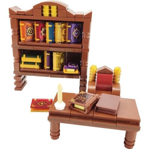 City Building Blocks Bookshelf Chair Education Kids Toys For Children Brown Parts DIY Set Books Candle Desk Model MOC Citys Kits