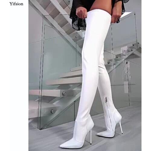 Olomm Women Spring Over The Knee Boots Sexy Stiletto Heels Boots Pointed Toe White Dress Party Shoes Women Plus US Size 5-15