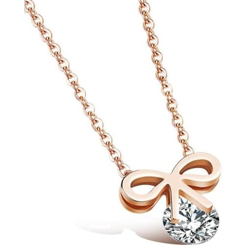 Rose gold color Stainless steel jewelry Bowknot single Crystal Zircon necklace for women