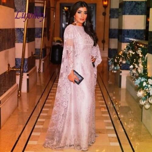 Pink Lace Long Evening Dresses Party with Cape Plus Size Women Girl Dinner Celebrity Prom Formal Evening Gowns Dresses