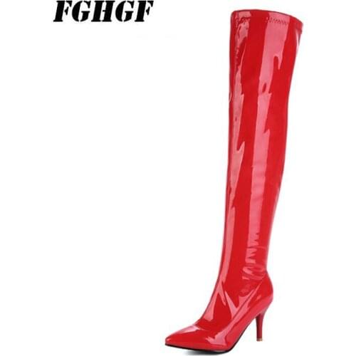 Patent leather boots high-heeled boots over the knee boots womens slim legs stretch boots sexy red pole dance shoes nightclub