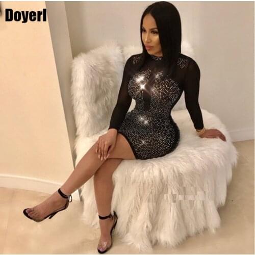 Mesh Rhinestone Sexy Party Dress Women Long Sleeve Glitter Bandage Bodycon Mini Dress Black Elegant Short Winter Club Dress