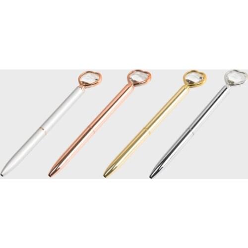 Ballpoint Pens 4 Pcs Rose Gold Metal Pen Kawaii Girl Heart Shape Large Diamond Alloy Pen For Office Supplies