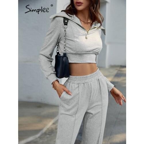Simplee Casual lapel two piece pants set women Streetwear soft sweatshirt set autumn Sportwear long sleeve crop top tracksuits