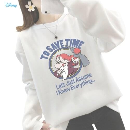 Disney Cartoon Snow White Dwarf White Black Autumn Winter Sweatshirt for Women Long Sleeve Fleece Thick Warm Korean Fashion Tops