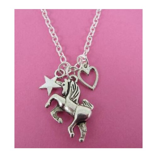 Vintage Silver Unicorn Heart & Star Charms Pendant Necklace Jewelry Fashion Statement Choker Necklace Women Accessories Gift