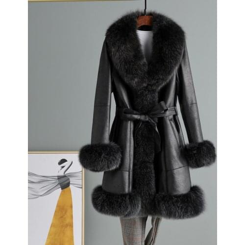 Women Coat Real Rabbit Liner With Real Fox Fur Collar Trim Lady Long Jacket Parka Genuine Rabbit Skin Leather And Fur Outwear