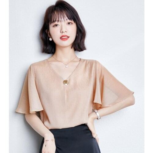 2021 summer new lotus leaf sleeve V-neck chiffon shirt loose chiffon top womens belly cover
