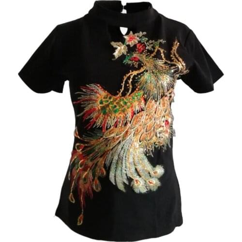 Plus size 4XL black sexy warm embroidery Phoenix T-shirt women short sleeved autumn winter bottoming tops