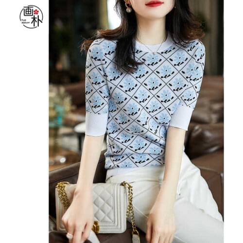 Geometric jacquard knit T-shirt womens 2020 summer new round neck short sleeve temperament age reduction jacket