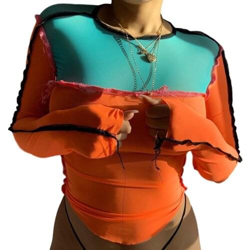 Exy Mesh Sheer T-shirts Women Splice Slim Tee Tops Transparent Long Sleeve t shirt 2020 Summer Fashion Streetwear Orange Shirts