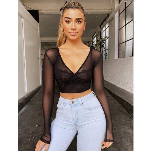 Mesh Top Tee Sexy T-Shirt Women Streetwear Transparent Long Sleeve V-Neck Crop Top White See Through Tshirt Female Clothes 2020