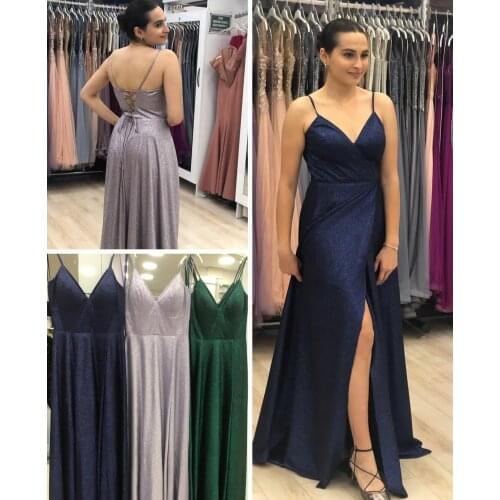 Sexy Long Navy Blue V-Neck Glitter Prom Dresses with Slit Criss Cross Back Robe De Soiree Floor Length Formal Party Gown