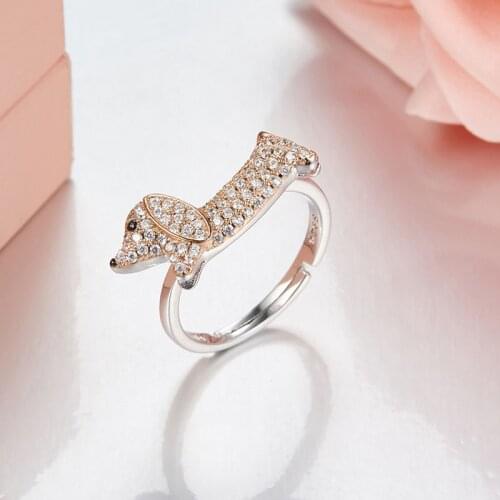 SLJELY Fashion Real S925 Sterling Silver Dachshund Puppy Finger Ring Adjustable Size for Women Girls Cute Fancy Dog Pet Jewelry