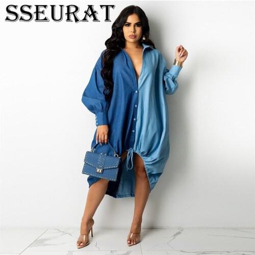 SSEURAT Women Midi Dress Patchwork Full Sleeve Single Breasted Shirring Straight Loose Dresses Fashion Vestidos Autumn