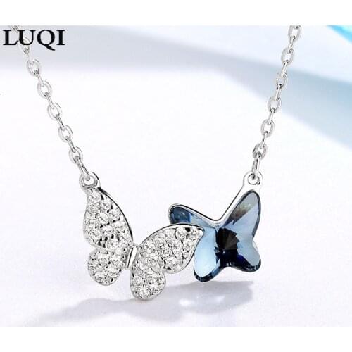 Fashionable Light Luxury S925 Silver Blue Crystal Butterfly Pendant Womens Temperament Necklace For Girlfriend XZ070