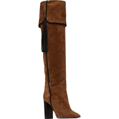 Winter Brown Suede Leather Pointy Toe Block Heeled Tassel Fold Slouch Long Boots Women Chunky Heel Slip on Knee High Booty