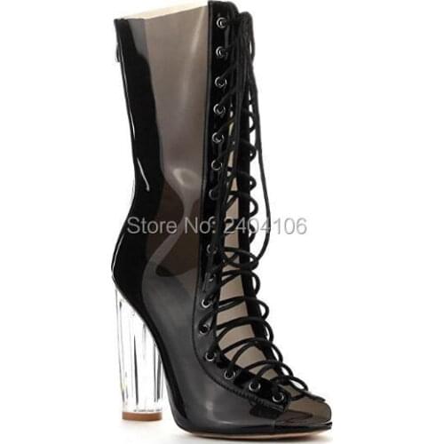 2017 Perspex Clear Heel Peep Toe Boots Women Back Zipper Lace Up Ankle Boot Crystal Chunky High Heels 11cm Transparent Booties