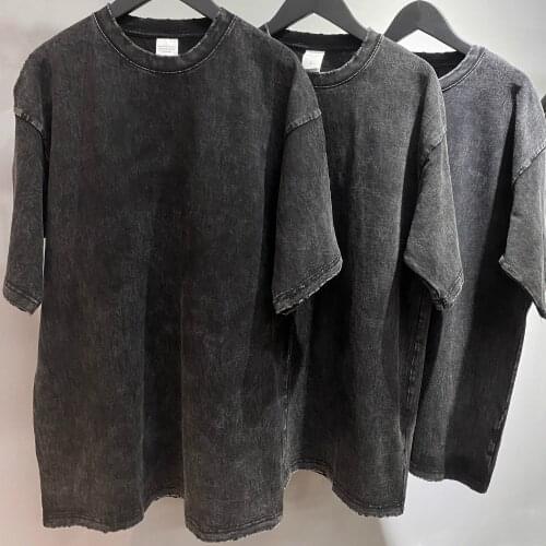 Distressing Black Short Sleeve Relaxed Fit T-shirt Kanye Garment-Washed Cotton Tee Ripped Cuffs Streetwear